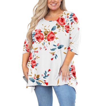 SHOWMALL Haut Grande Taille pour Femmes Blouse à Manches 3/4 Fleurie Blanche Tunique Évasée 4X Vêtements Blouse à Col Ras du Cou Maternité Vêtements Amples