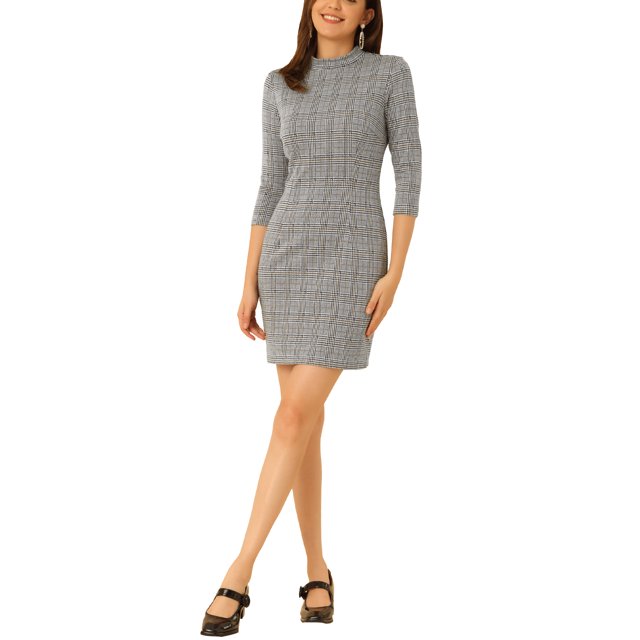INSPIRE CHIC Robe Vintage à Carreaux pour Femme à Manches 3/4 à Col Montant TP Noir Brun