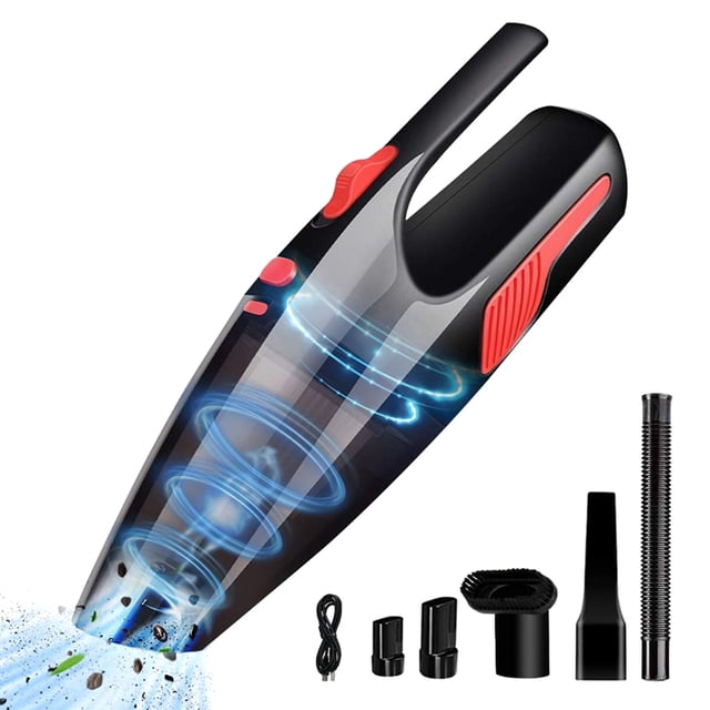 Handheld Vacuum, cordless and lightweight, featuring a black ABS body with red accents and a transparent section showcasing cyclonic suction technology. Includes multiple attachments such as a crevice tool, dusting brush, liquid nozzle, extension hose, and USB charging cable. Designed for home and car cleaning with 6KPA suction power, HEPA filter, LED light for dark areas, and quick charge technology. Ideal as a portable vacuum for versatile cleaning tasks.