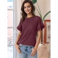 thumbnail image 4 of Womens Short Sleeve Tops Summer Tshirts Casual Ruffle Crewneck Fashion Blouse Dark red L, 4 of 9