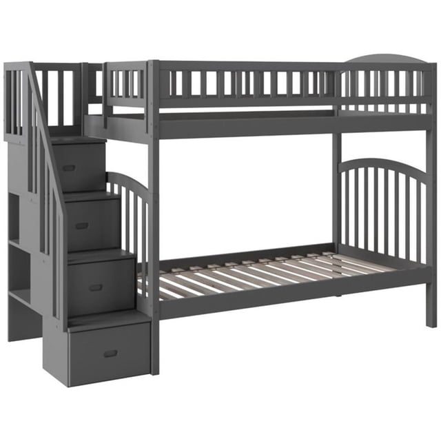 Pemberly Row Traditional Staircase Bunk Twin Over Twin in Gray