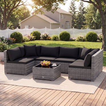 Costway 7PCS Patio Rattan Furniture Set Sectional Sofa Cushioned Garden Black