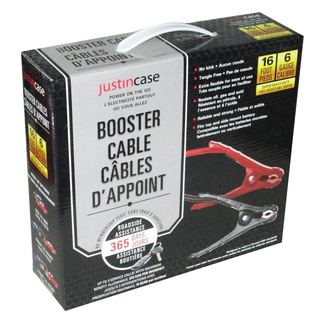 Justin Case 16 foot 6 Gauge Booster Cables box showing heavy-duty black and red clamps with copper-plated teeth, 16ft 6 gauge tangle-free cables designed for mid-size cars and pickups, resistant to oil, gas, and acid, with 365 days roadside assistance.