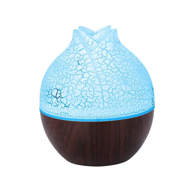 RKSTN Humidificateurs pour Chambre Grande Pièce 2021 Nouvel Humidificateur Domestique avec conversion de Lumière Colorée à DEL et design Rétro. l'Humidificateur compact Présente une Forme Sphérique avec une Surface Texturée Bleue Ressemblant à de la Glace Fissurée et une base à Grain de Bois Foncé. Il a une Capacité d'Eau de 130 ml, une Connexion d'Alimentation USB, et Convient aux Chambres, aux Pouponnières et aux Pièces de Taille Moyenne. la Lumière à DEL Offre Sept options de Couleur, Créant une ambiance Relaxante pendant Que le Fonctionnement Chuchotement-Silencieux Ass