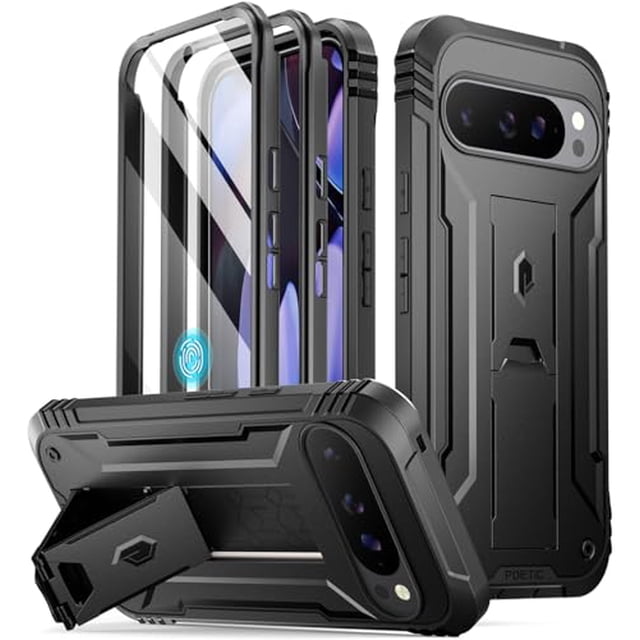 Poetic Revolution Case for Google Pixel 9/9 Pro 5G in black, featuring a built-in screen protector compatible with fingerprint ID. The case offers 20FT military-grade drop protection, is shockproof, impact-resistant, and scratch-proof. Includes a pull-out kickstand for hands-free viewing in portrait or landscape mode. Comes with an extra front frame for use with tempered glass screen protectors. Designed with raised lips and reinforced corners for enhanced screen protection.