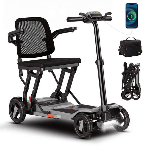 ScootNGo Voyager 33 lbs Lightweight Foldable Mobility Scooter for Seniors & Adult, Airline Approved 4-Wheel Electric Scooter with Front Bag, NFC Unlock, Silver Grey