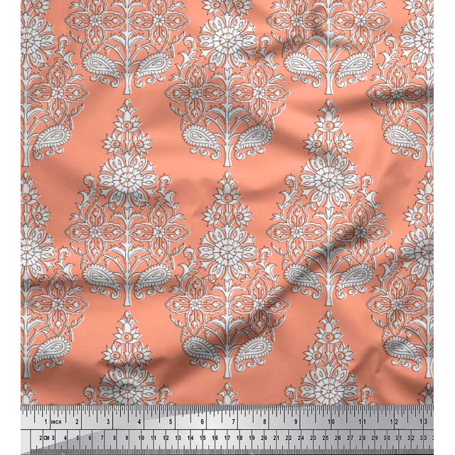Soimoi Rayon Crepe Fabric Leaves & Floral Block Decor Fabric Printed Yard 46 Inch Wide