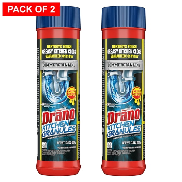 Drano Kitchen Granules Drain Clog Remover & Cleaner, Commercial Line, Unclogs Grease & Cooking Oil Blockages, 17.6 oz (500g) Each, Pack of 2