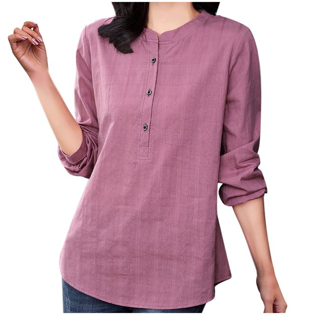 Timegard Blouse pour Femmes Grande Taille à Manches Longues, Boutonnée, Col Rond, Ample, Légère, Décontractée, Chemises Hauts de Bureau
