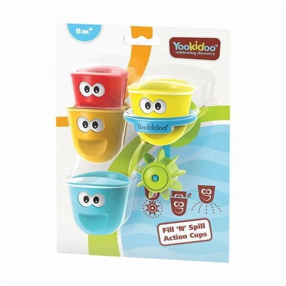 Yookidoo Jeu de bain pour bébé - Jeu de quatre gobelets empilables Fill 'N' Spill avec anneau à ventouse et roue à eau - Jouet sensoriel pour le bain - S'attache à n'importe quelle baignoire