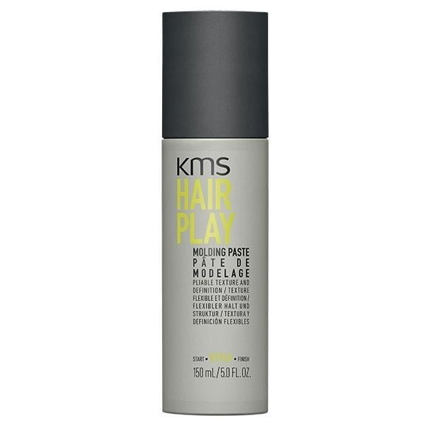 KMS Hair Play Molding Paste, 5.1oz bottle, designed for texturizing and defining all hair types. The grey bottle with a black cap features bold yellow and black text, emphasizing its pliable hold, natural finish, and suitability for medium to thick hair.