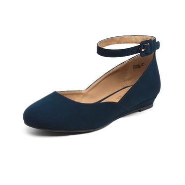 DREAM PAIRS Chaussures Plates Décontractées pour Femmes à Petit Talon Compensé avec Bride à la Cheville, Suède Marine - 11 (Revona)