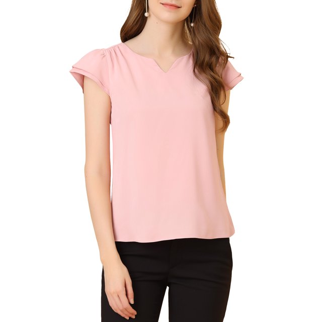 INSPIRE CHIC Women's Solid Blouse V Neck Ruffle Cap Sleeve Lightweight Work Blouse XL Light Pink