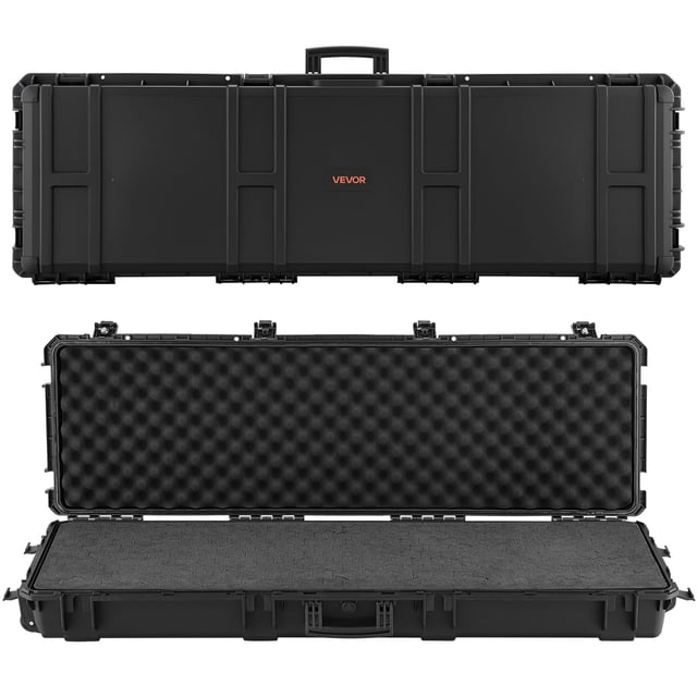 VEVOR Hard Rifle Case in black, featuring a durable, lockable design with detachable XPE foam for customizable firearm storage. The case measures 50 inches and includes IP67 waterproof and dustproof protection, ensuring secure storage for rifles, shotguns, and airsoft guns. It has three ergonomic handles, two silent wheels for easy transport, and multiple lock points for added security. The interior includes four layers of foam: egg-crate, interlocking XPE, and solid foam for shock absorption and support. TSA-compliant with lockable latches, suitable for air and train travel.