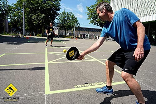 Street Racket 2 Player Indoor Outdoor Paddle Racket Game Set with 2 Wooden Paddles, 2 Foam Balls, 3 Chalk Pieces and Carry Bag for Kids and Adults