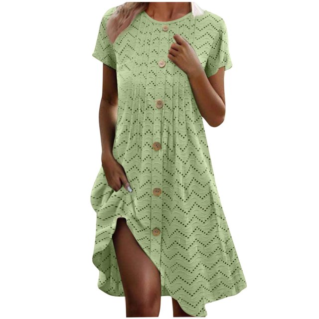 Mgmyaa Robe d'Été Décontractée pour Femme à Manches Courtes, Midi à Boutons, Robe de Plage, de Voyage et de Vacances