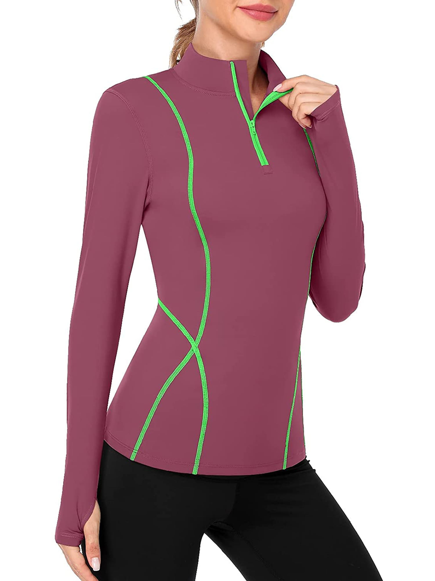 Women's Long Sleeve Workout Tops Zip Thumb Hole Athletic Running Sweatshirt Pullover
