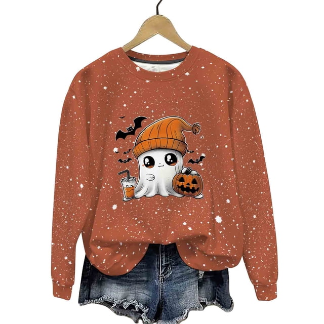 LMKIHUSA Chandails d'Halloween Fantôme pour Femmes Mode Décontractée Automne 2025 Chandail Kawaii Graphique Brillant Col Rond Chandail à Manches Longues Hauts Saison Effrayante Rouge,m