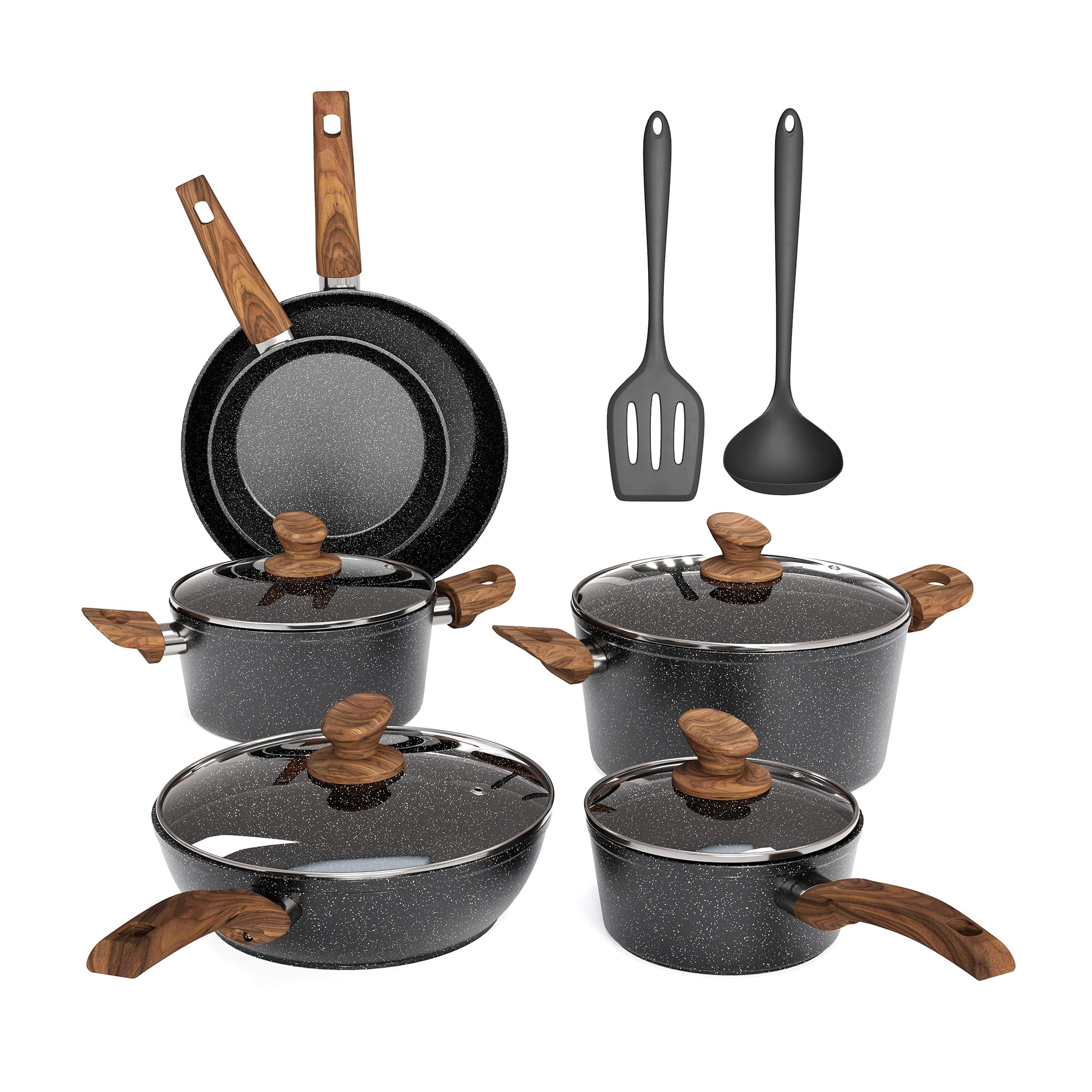 MAISON ARTS Pots and Pans Set Non Stick 12 Piece Black Granite Kitchen Cookware Induction Compatible Pot and Pan Sets for Cooking Nonstick