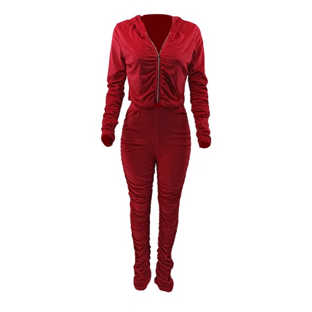 Honganda Slim Pleated Zipper Hooded Top and Pants Two-piece Suit