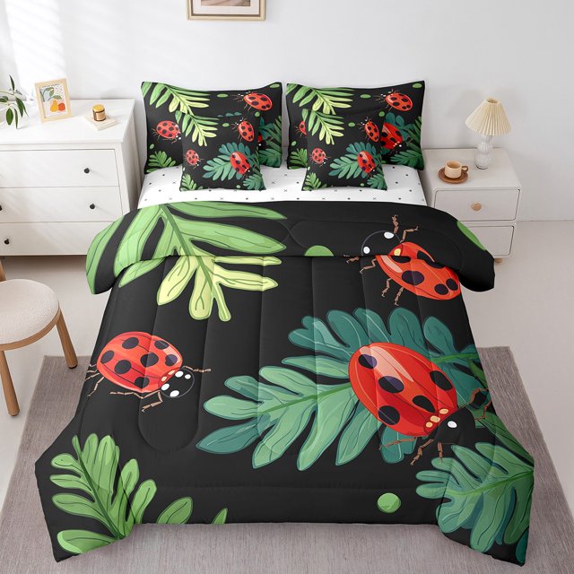 YST Mignon Ladybug Ensemble de Douillette Dessin Animé Feuilles Botaniques Grand Lit 7 Pcs, Lit Ensaché Insecte