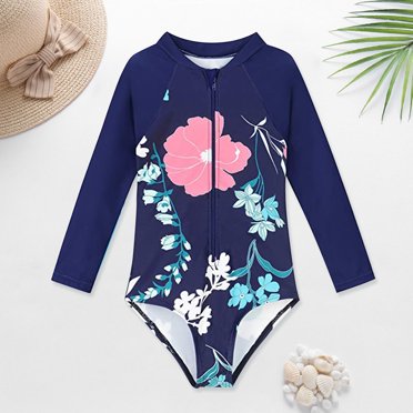 YOUSNH Baby and Toddler Girls Swimsuit Rash Guard Long Sleeve 1 Piece Zipper Bathing Suits UPF 50+ Sun Protections Bikinis for Teen Girls Dark Blue 2-3 Years