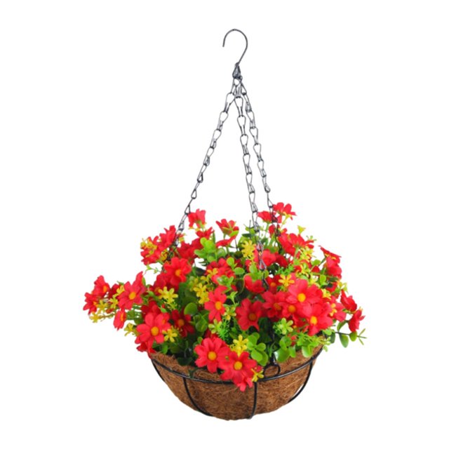 jifeng Artificial Flowers in Hanging Basket Decorative Planter for Lawn Patio Porch Red