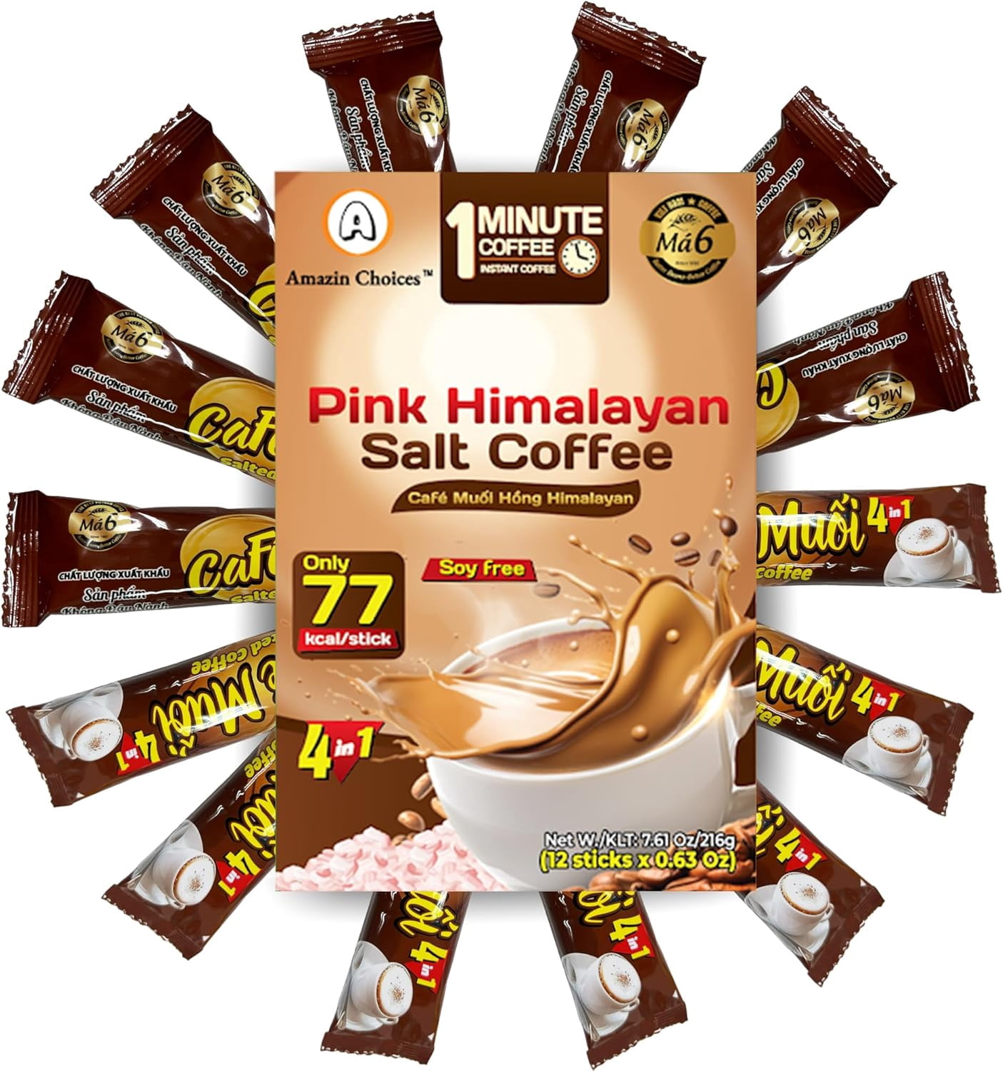AMAZIN CHOICES Pink Himalayan Salted Coffee, No Soybeans, Perfect for On-the-go, Vietnamese Salted Coffee Experience - Snack Viet - Himalayan Pink Salted Coffee - Pack of One - 216 grams (12ct x 18g)