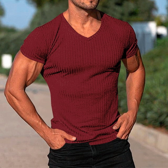 Styesk T-Shirts pour Homme à la Mode T-Shirt Uni Décontracté Ajusté à Col en V à Manches Courtes