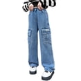 thumbnail image 1 of Girls Baggy Jeans Elastic Wasit Cool Ripped Jeans Washed Y2k Clothing Age 5-14 Years, 1 of 5