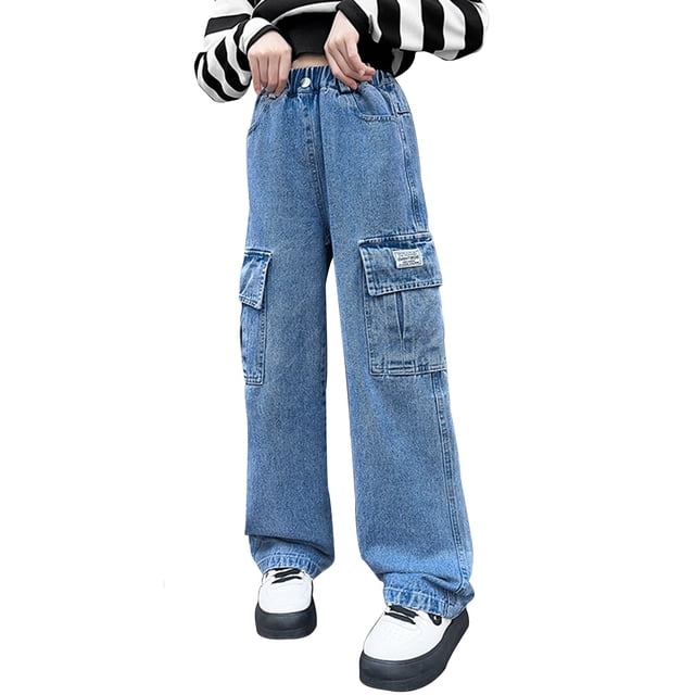 Girls Baggy Jeans Elastic Wasit Cool Ripped Jeans Washed Y2k Clothing Age 5-14 Years
