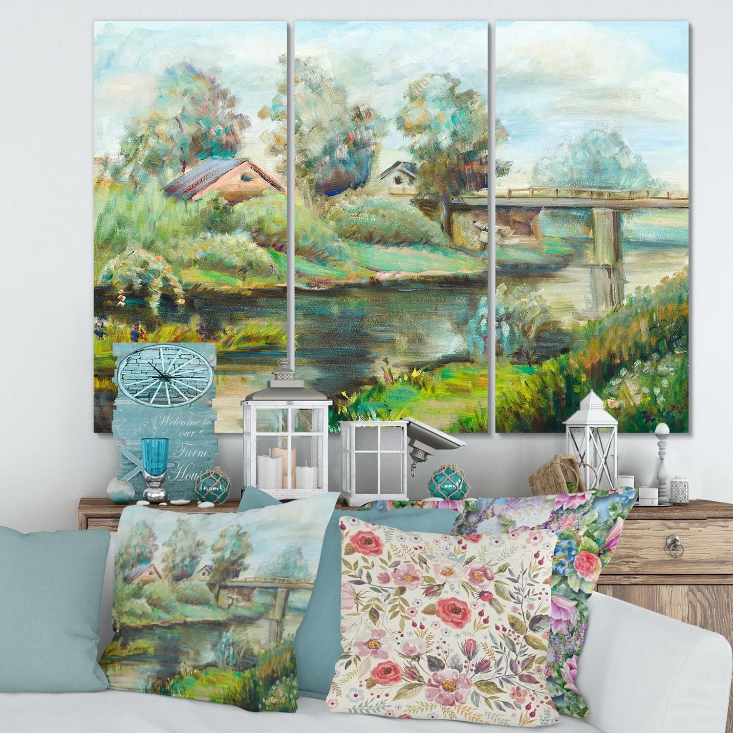 Designart Pont sur la rivière dans un paysage rustique Art mural sur toile