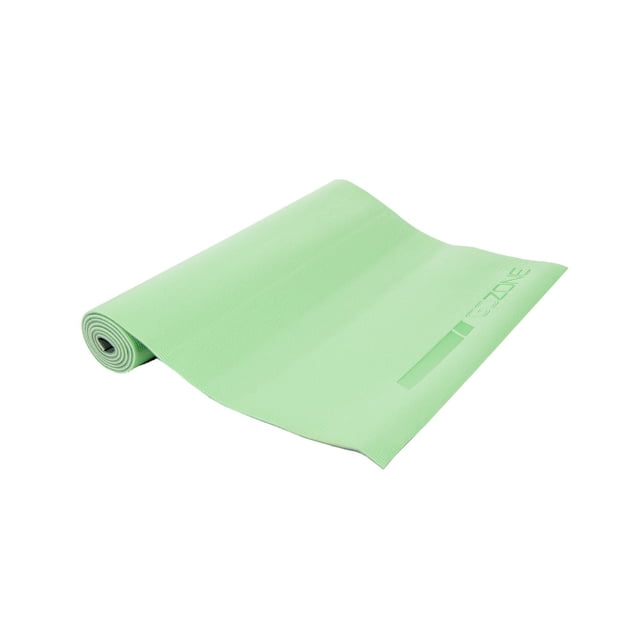 GoZone 5mm PVC reversible yoga mat in light green, 24 by 68 inches, featuring a textured non-slip surface and GoZone logo, designed for indoor and outdoor yoga, fitness, and stretching exercises.