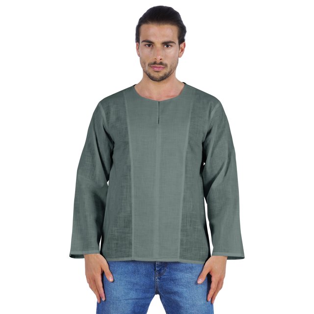 Atasi Kurta à Manches Longues pour Hommes en Coton Slub Uni à Col Rond Chemise Ethnique-6994
