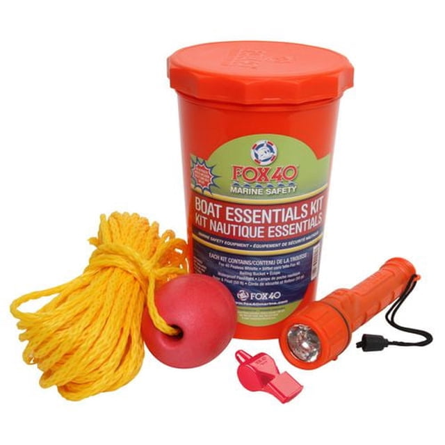 Fox 40 Boat Essentials Kit with an orange waterproof screw-top container that doubles as a bailer bucket, including a 50ft yellow braided rope with red float, an orange flashlight, and a red Fox 40 pealess safety whistle, compliant with Coast Guard equipment standards.
