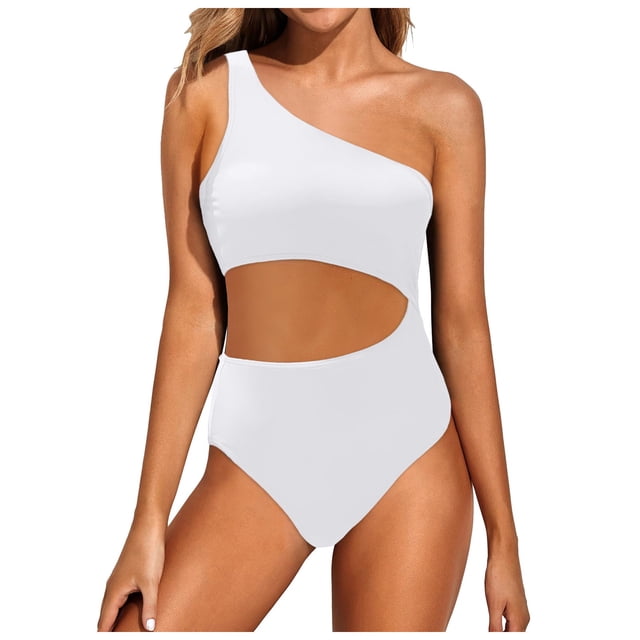 Womens Swimsuits Tankini One Shoulder Bathing Suits Full Coverage Keyhole Solid Tankinis Swimwear for Women White