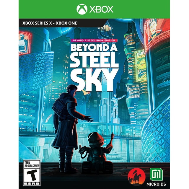 Beyond A Steel Sky: Beyond A SteelBook Edition Xbox game cover showing a cyberpunk cityscape with neon-lit skyscrapers and digital billboards. A standing adult in a long coat and a seated child with a toy robot face the futuristic urban environment, reflecting the game's narrative and puzzle elements.