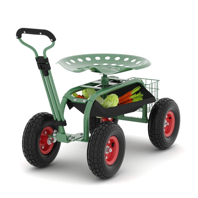 Garden Scooter Rolling Work Seat, 360° Swivel Heavy Duty Garden Cart with 10-Inch All-Terrain Tires, Extendable Steering Handle & Metal Tool Tray for Planting, Weeding