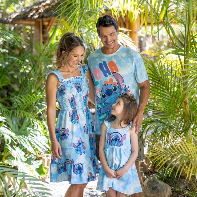 Disney Stitch Assorti pour la Famille NaiaTM Imprimé Floral de Personnages Bleu Ciel Teinture sur Nœuds Sans Manches Robe/combinaison/t-Shirt