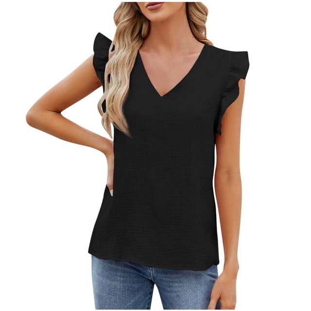 Timegard Womens Summer Tops Ruffle Cap Sleeve V-Neck Solid Color Comfy Lightweight Blouse Casual Loose Tops