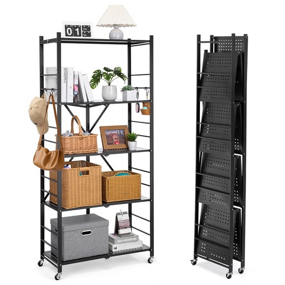 VEVOR Étagère de Rangement Pliable à 5 Niveaux, Unité d'Étagères Métalliques Pliantes 32l x 14p x 72H Pouces, Étagère Organisatrice Sans Assemblage avec 5 Roues et 4 Crochets pour Garde-Manger, Cuisine, Garage, sous-Sol, Noir
