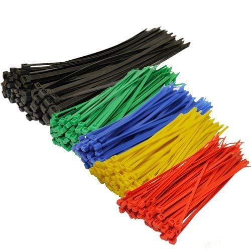 Topzone Assorted Color Nylon Cable Zip Ties Self Locking, 250-Piece. A collection of nylon cable zip ties in assorted colors including black, red, blue, yellow, and green. The set includes 50 black 8-inch ties and 200 4-inch ties in red, blue, yellow, and green, 50 pieces per color. Designed with a self-locking buckle for secure fastening, ideal for organizing wires, cables, or hoses.