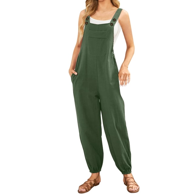 B91xZ Overalls Women One Piece Sleeveless Wide Leg Long Pant Rompers with Pockets,Green XL