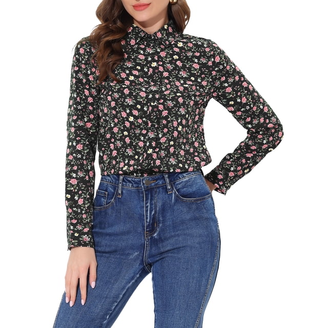 INSPIRE CHIC Chemise Boutonnée pour Femme à Petites Fleurs à Manches Longues Col en Pointe Haut de Bureau S Noir Rouge