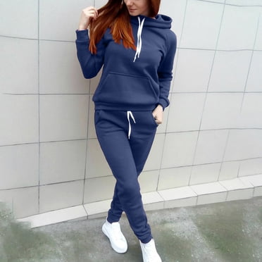 UPPADA 2 Piece Outfits for Fall,Sweatsuits Women 2 Piece Outfit Trendy Drawstring Hoodies Sweatshirts Jogger Pants Lounge Sets Tracksuit with Pockets Dark Blue,XXL