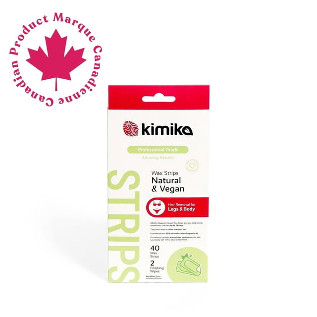 Natural Vegan Wax Strips by Kimika in a white and red box with green accents, containing 40 wax strips and 2 finishing wipes for hair removal on legs and body, providing up to 28 days of smooth skin with natural, vegan ingredients ideal for small and delicate areas.