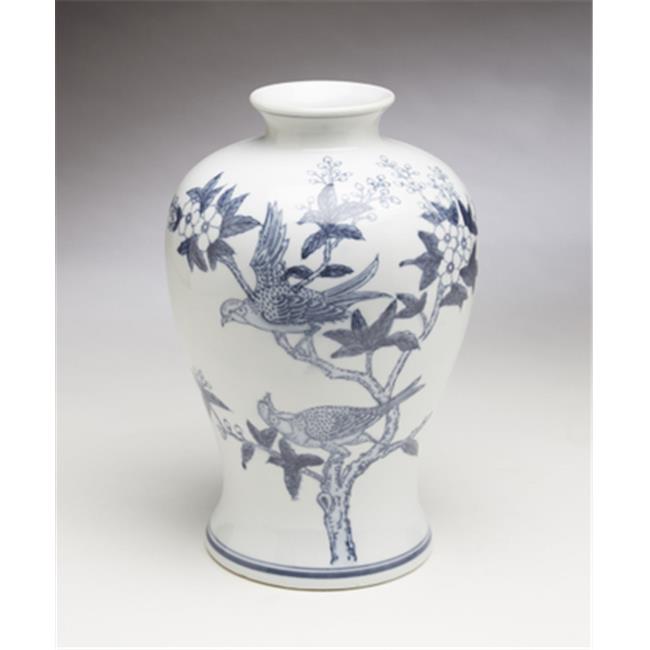 AA Importing 59844 Vase Design Fleurs et Feuilles, Bleu et Blanc
