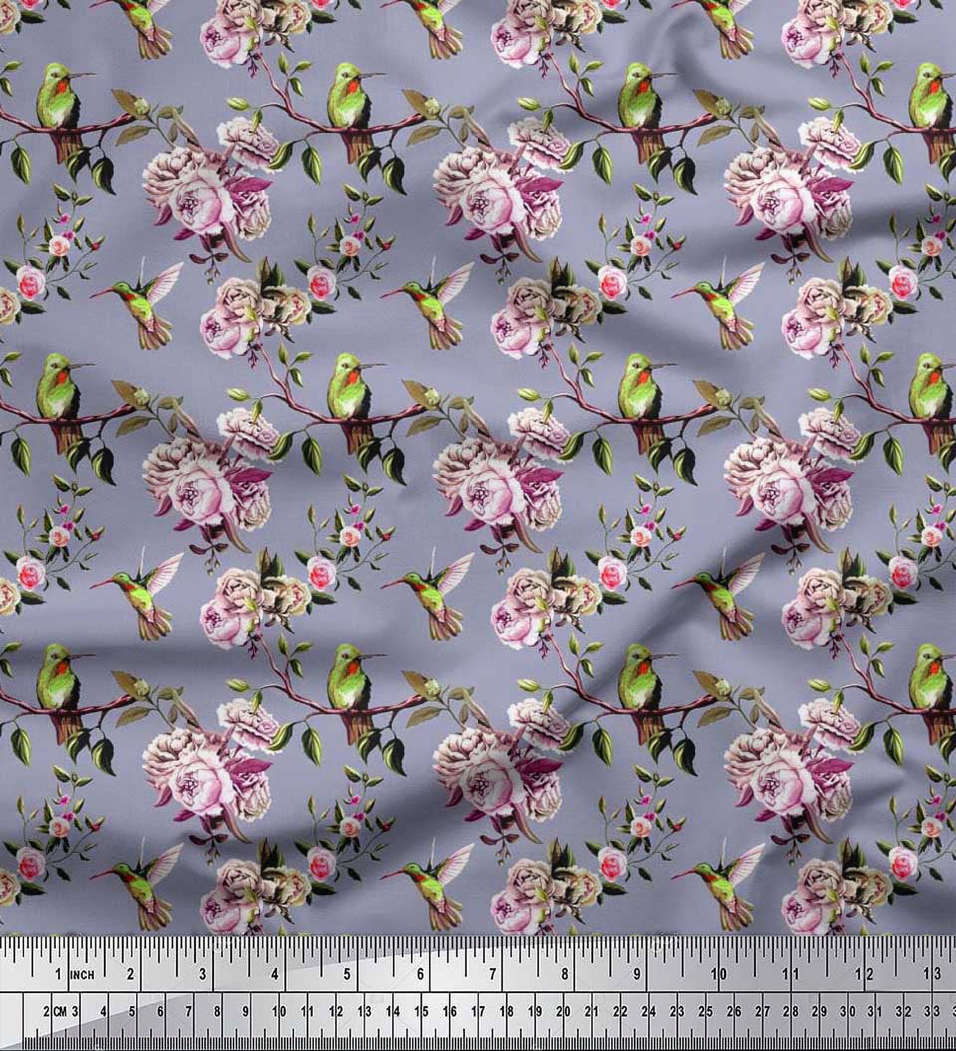 Soimoi Rayon Crepe Fabric Hummingbird,Leaves & Rose Floral Decor Fabric Printed Yard 46 Inch Wide