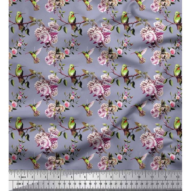 Soimoi Tissu Poly Georgette Colibri, Feuilles & Roses Imprimés Floraux au Mètre 52 Pouces de Large
