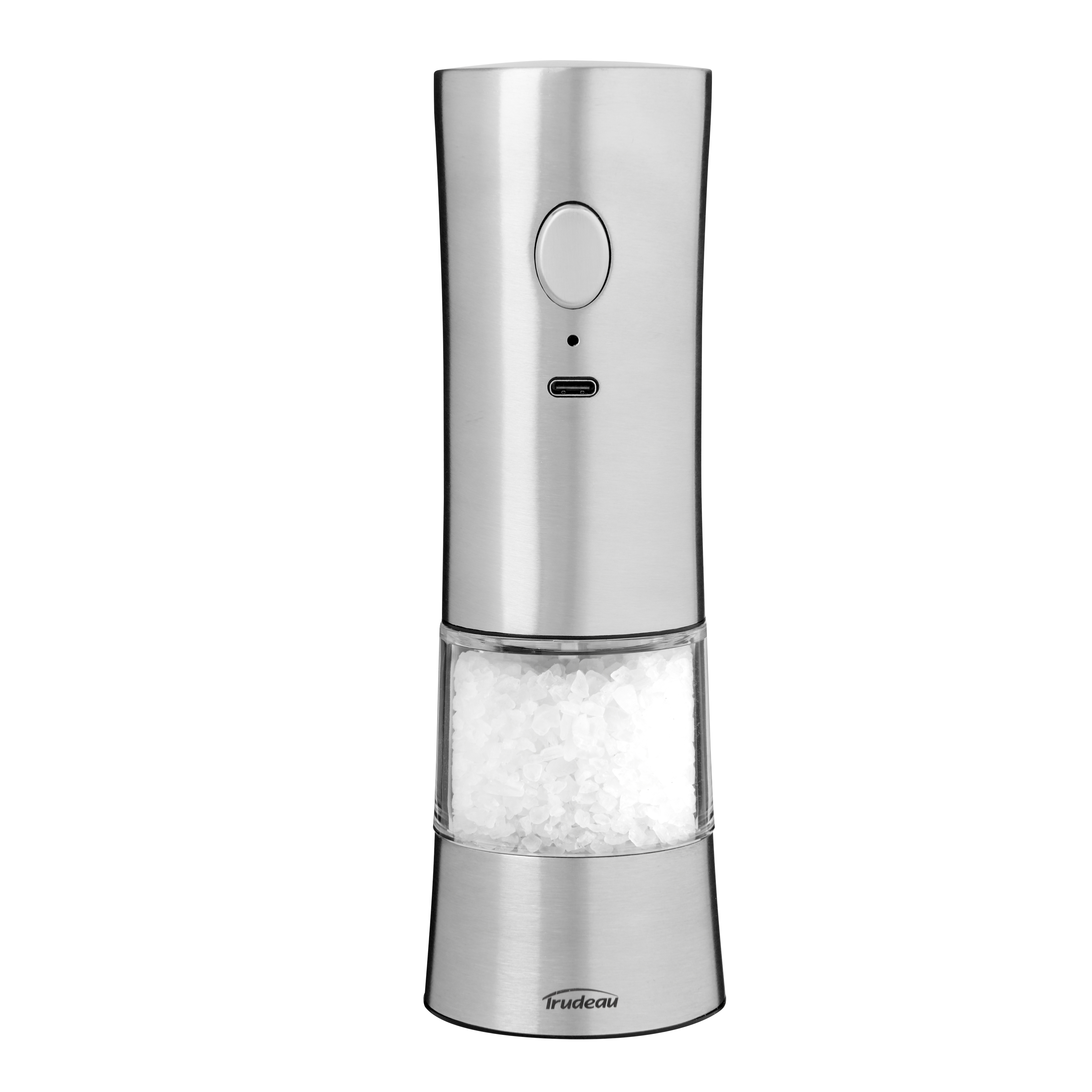 Trudeau 7" EVO USB Rechargeable Electric Stainless Steel Salt or Pepper Mill with one-touch operation, adjustable grind. USB-C charging—no batteries required – Unfilled